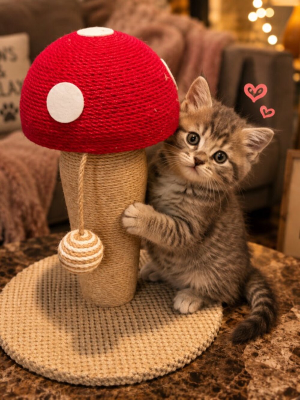 Cute Mushroom Cat Scratch Post With Swinging Ball Toy Twine NIB